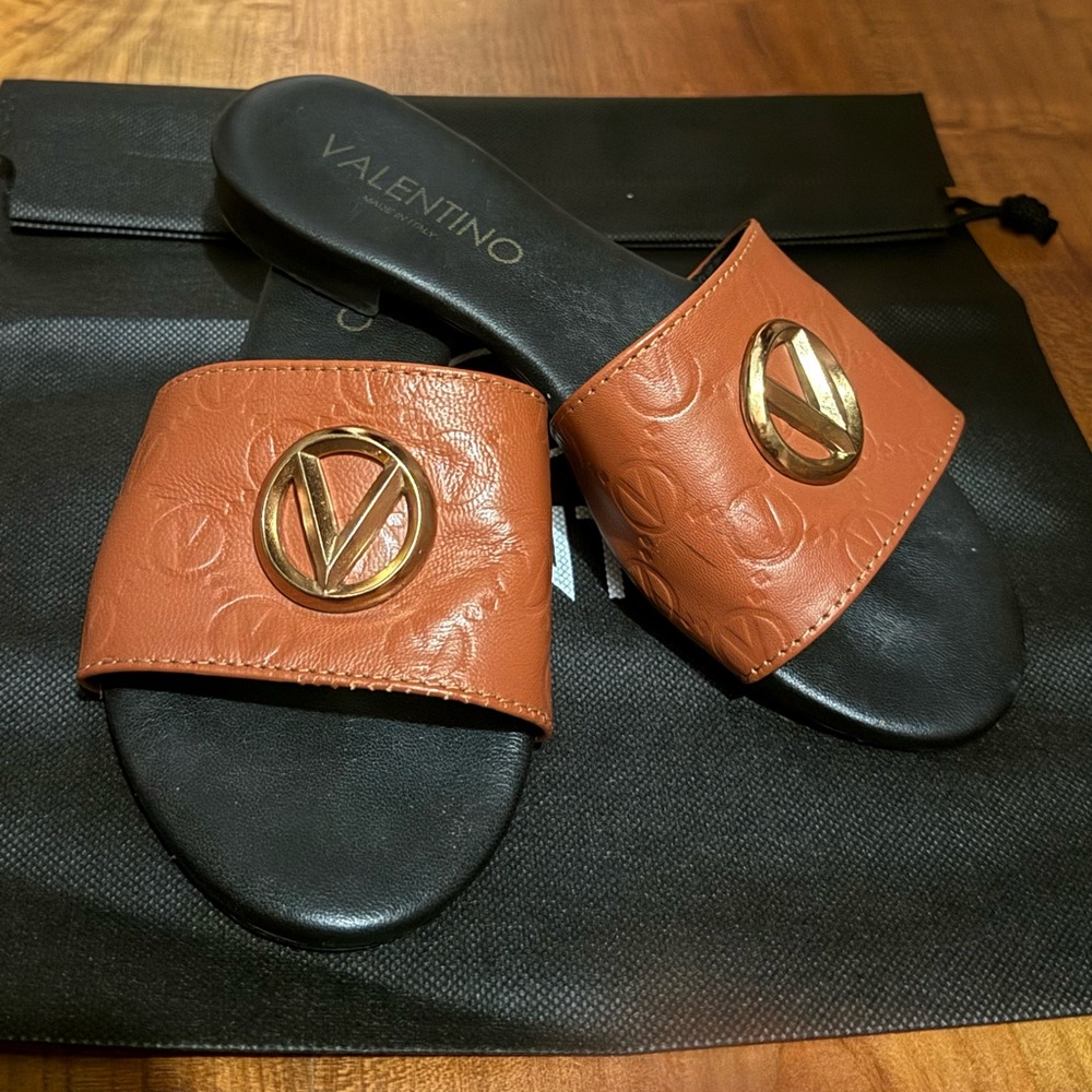 Mario Valentino Tan Leather Slide Sandals with Gold Logo